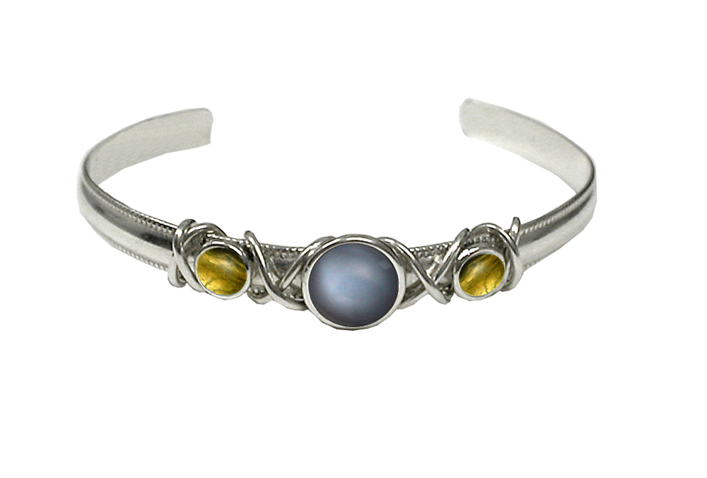 Sterling Silver Hand Made Cuff Bracelet With Grey Moonstone And Citrine